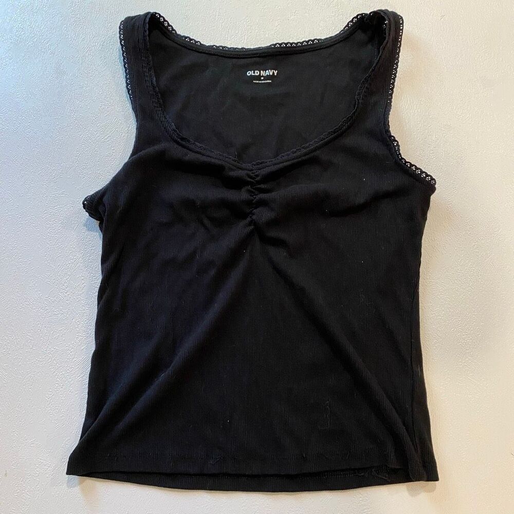 Old Navy Black Ribbed Tank Top Medium Lace Trim Ruched Front Y2K Basic - Picture 2 of 6
